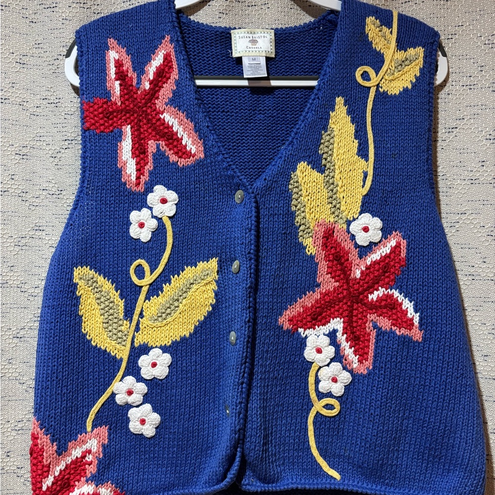 Susan Bristol Blue Floral Hand-Knit Sweater Vest